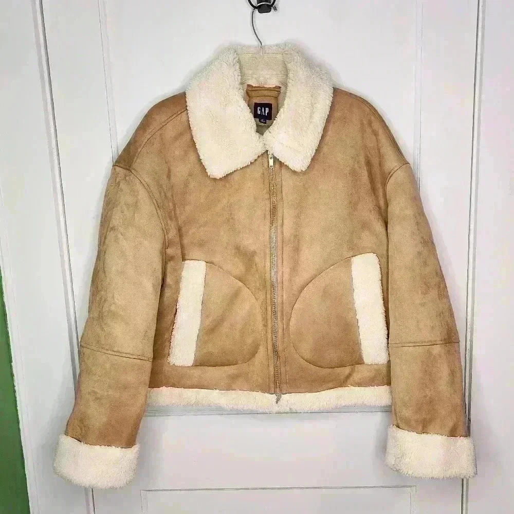 GAP Vegan Suede Sherpa Trim Jacket Brannan Brown - Women's Size XL NWOT - Picture 2 of 5
